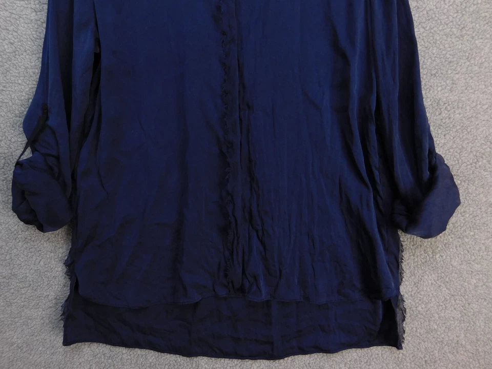 Top de seda Elie Tahari para mujer S azul marino cuello manga larga lengüeta enrollable abotonada Foto 3 de 4