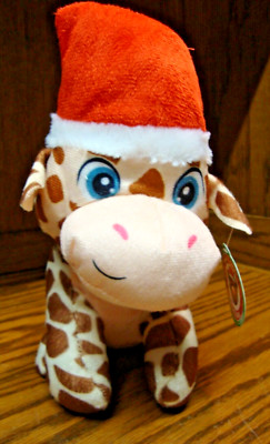 A&A Global 2022 Giraffe Small 9''Plush Spotted Brown w/Santa Hat~Blue Eyes    207