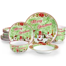 VEWEET 16-Piece Xmas Bowls and Plates Set Porcelain Dinnerware Set for Christmas