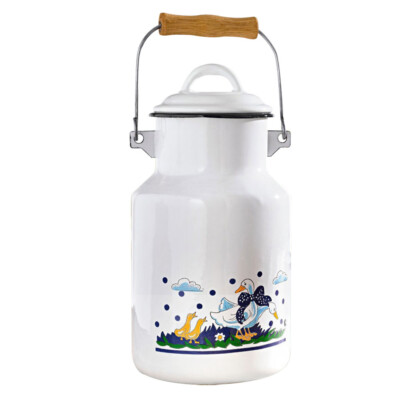 Milchkanne GÄNSEGLÜCK 2 Liter mit Deckel und Tragegriff, Emaille weiß mit Gän...