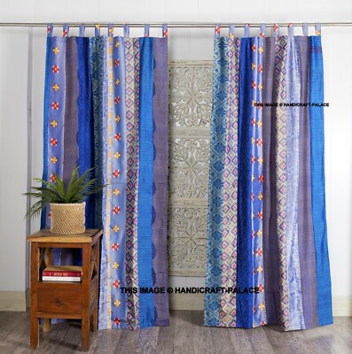 2 PC Indian Blue Old Sari Patchwork Drape Window Decor Patola Silk Saree Curtain