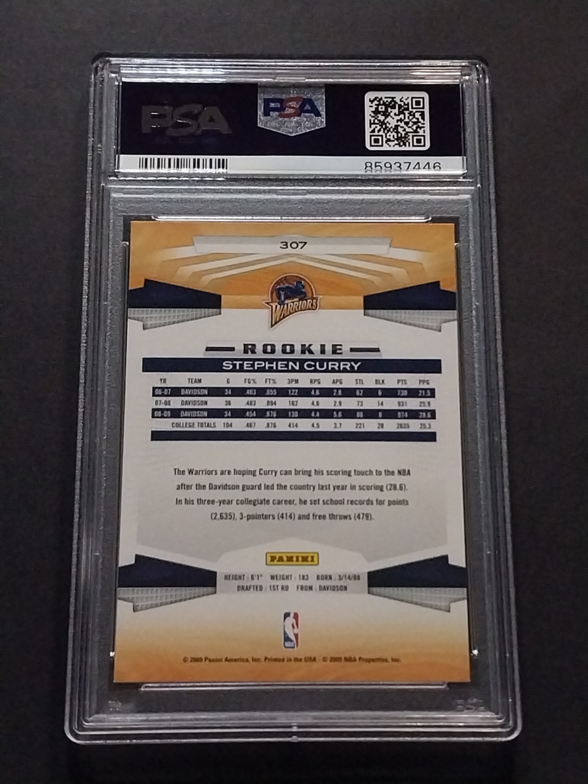 STEPHEN CURRY RC PSA 9 MINT 2009 Panini Basketball NBA Rookie Card #307 Warriors view 2
