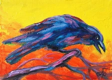 Original Oil Raven Painting Impressionist Animal Art Canvas Sunset Hand Painted