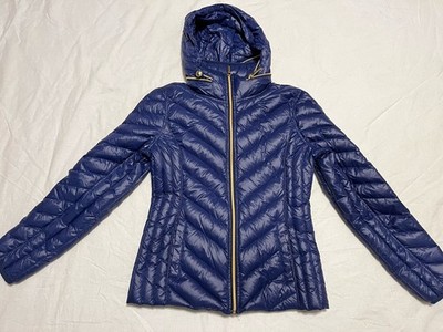 Michael Kors Down Puffer Jacket Women Med Packable Removable Hood Blue Quilted