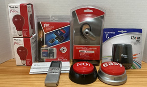 8 piece Misc lot mood lite bulds,sony recorder,staples easy button