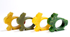 4 Vintage MCM Bakelite Napkin Rings - Green and Yellow Marbled Bunny Rabbits