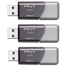 PNY 32GB Turbo Attach  3 USB 3.0 Flash Drive, 3-Pack, Grey
