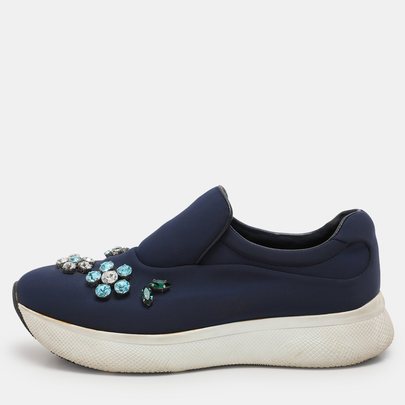 Prada Blue Nylon Catch Me If You Can Crystal Embellished Slip On Sneakers Size