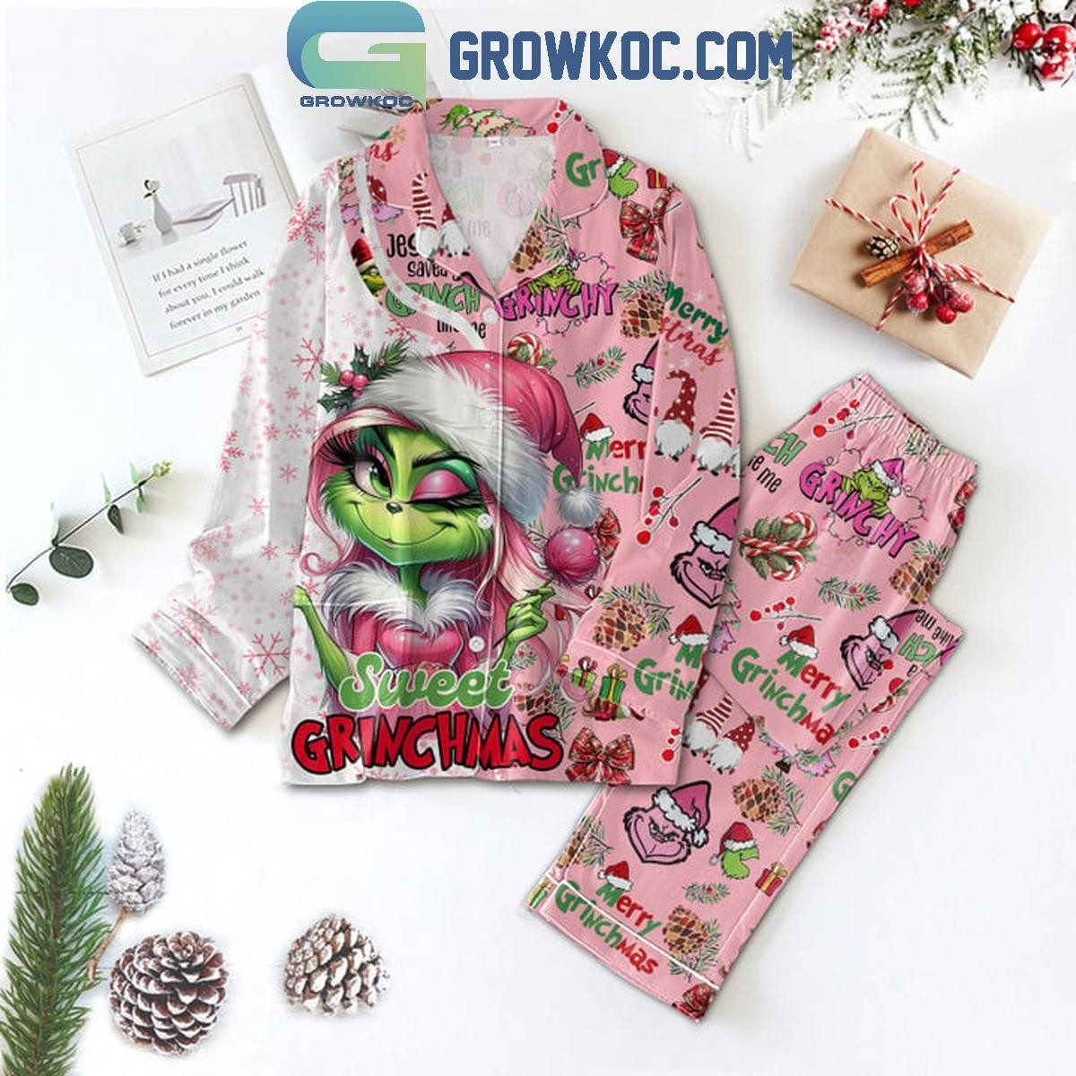 Grinch Sweet Grinchmas Christmas Pajama Set - Festive Polyester Sleepwear
