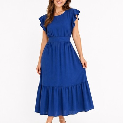 Cynthia Rowley Linen Blue Maxi Tiered Ruffle Short Sleeve Dress Medium Americana