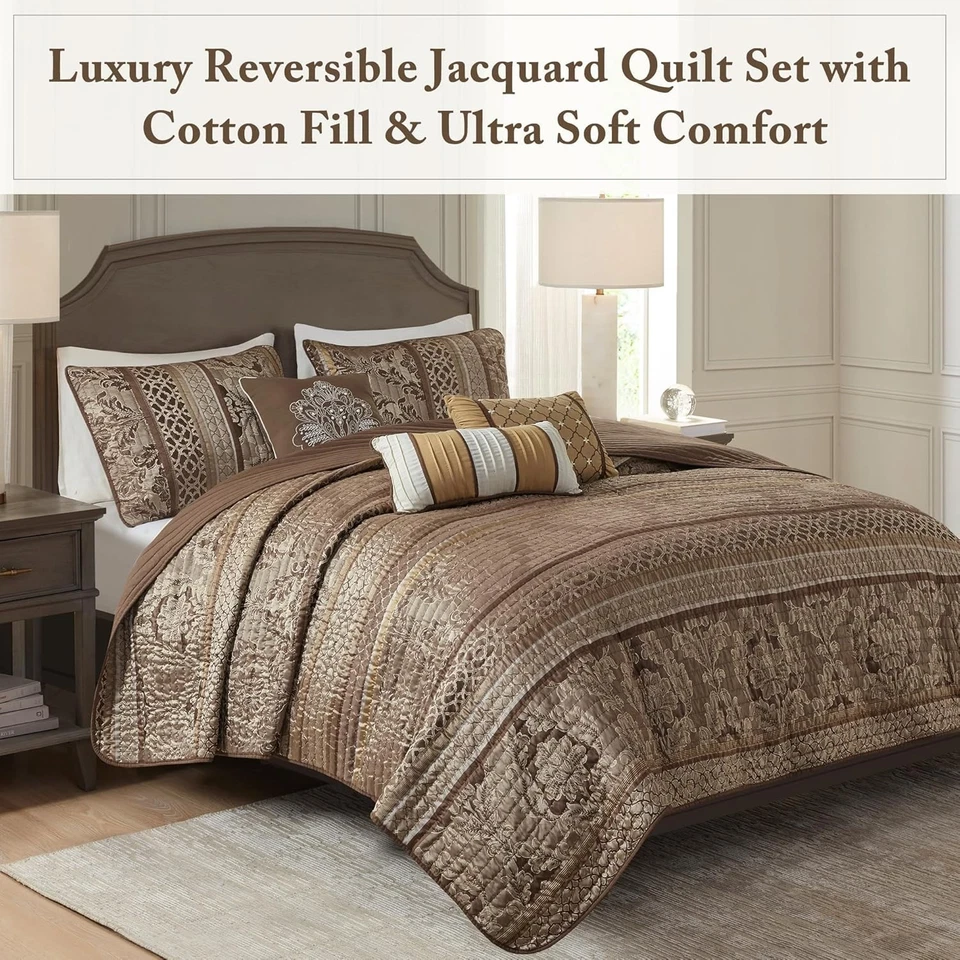 Rich Brown/Gold 6-Piece Damask Quilt Set - King/Cal King Size Luxury Bedding - Image 4 of 4