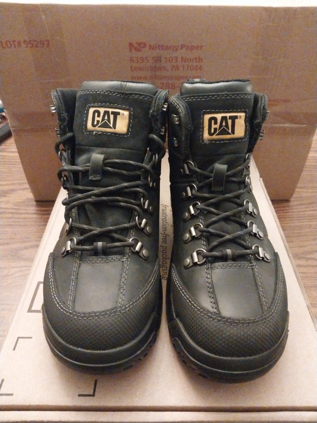 Caterpillar Work Boots Black Leather With Canvas Cuff Size 9