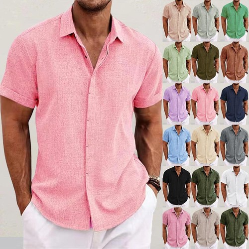 Herren Kurzarm Hemden Freizeitshirt Sommer T-Shirt Knopf Bluse Leinenhemd Tops - Bild 5 von 37