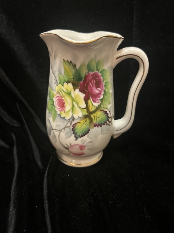 VINTAGE Ucagco Japan Ceramic Mini Vase Floral Pitcher - Gold Accents - 5”