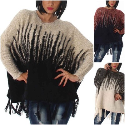 Damen Poncho Pullover Glitzer Fledermausärmel Fransen Flügel Streifen 36 38 40