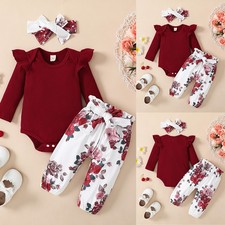 Infant Baby Girl Floral Ruffle Romper Tops Pants Headband Clothes Outfit Set