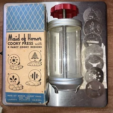 Vintage 1940's Maid of Honor Cooky Press in Box by Sears Red Knob  7 designs 
