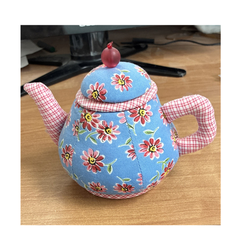 Teapot-Shaped Fabric Pincushion Blue Floral Pink Gingham Trim Red Top Knob
