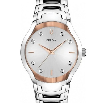 BULOVA Womens Watch, Silver & Rose Gold Dial w/ Diamonds, Stainless Steel Band