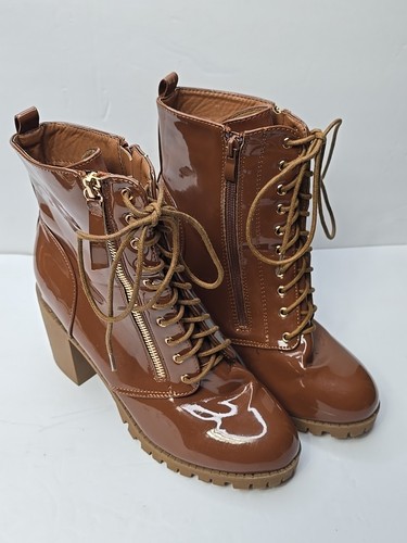Top Moda Boots Womans 9 Brown Patent Leather High Block Heel Ankle Bootie