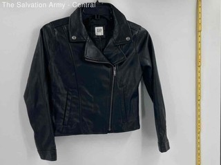 Gap Unisex Kids Black Leather Long Sleeve Full Zip Motorcycle Jacket Size Large
