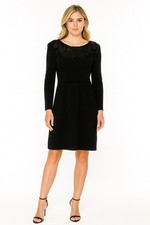 ST. JOHN Saks Fifth Ave Black Silk Flower Petal Neck Stretch Knit Dress 0 = XS
