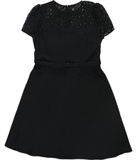 Ralph Lauren Womens Belted Lace Trim Georgette Cocktail Dress, black, 6