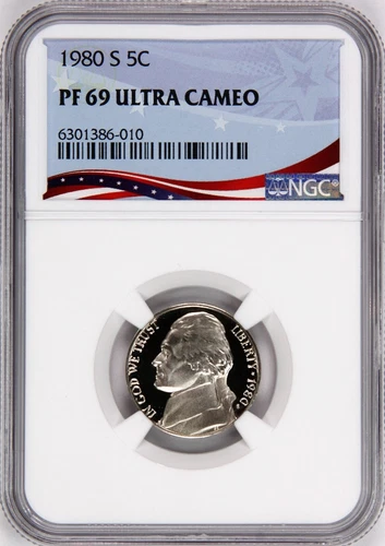 1980-S Proof Jefferson Nickel, Graded PF69UC NGC * OSR Patriotic Exclusive Label