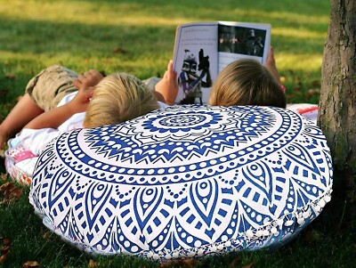 Blau Mandala 32'' in Rund Boho Boden Kissenbezug Baumwolle Indisch Kissenbezug