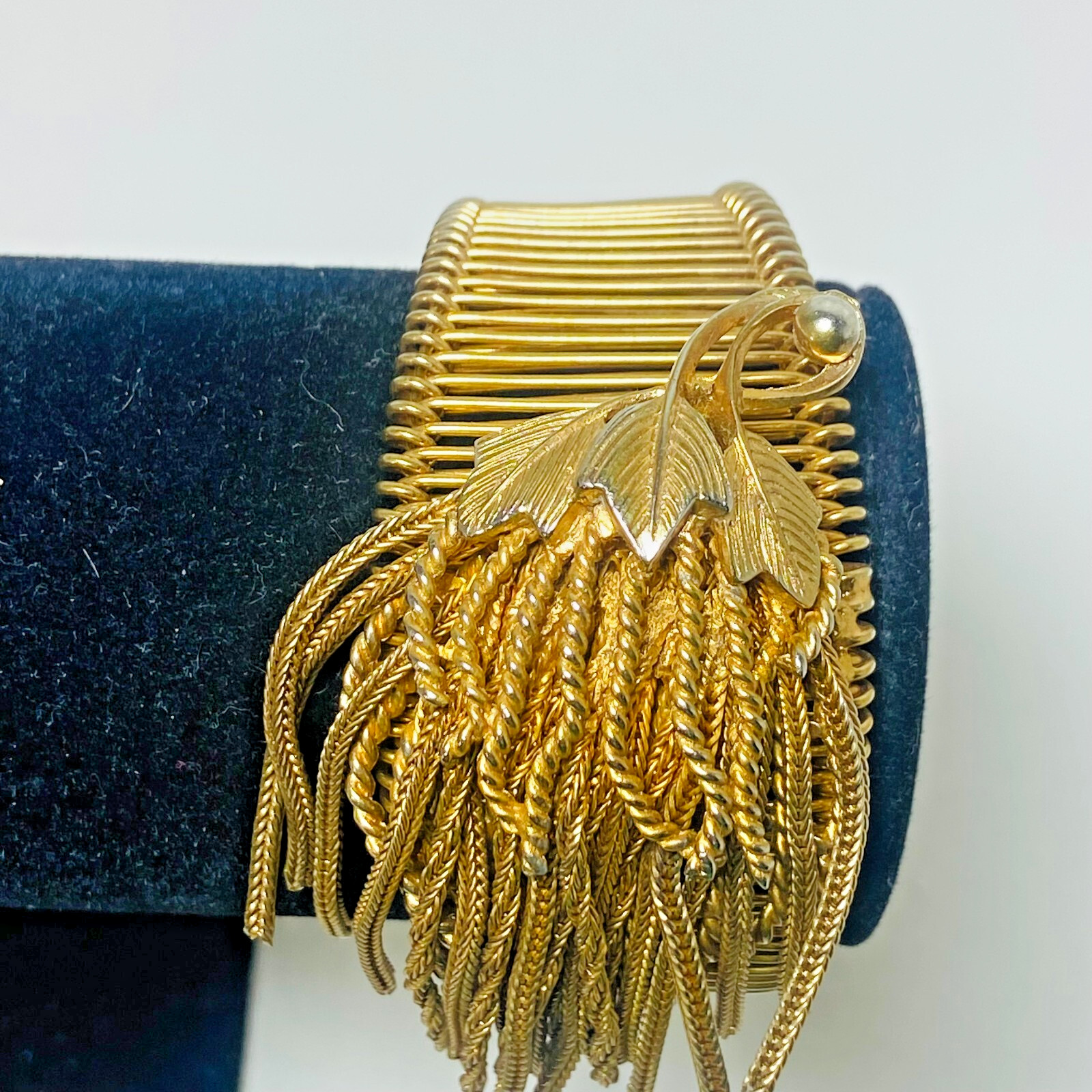 Vintage Signed Alice Caviness Gold Tone Wire Filigree Mesh Leaf Bracelet RARE
