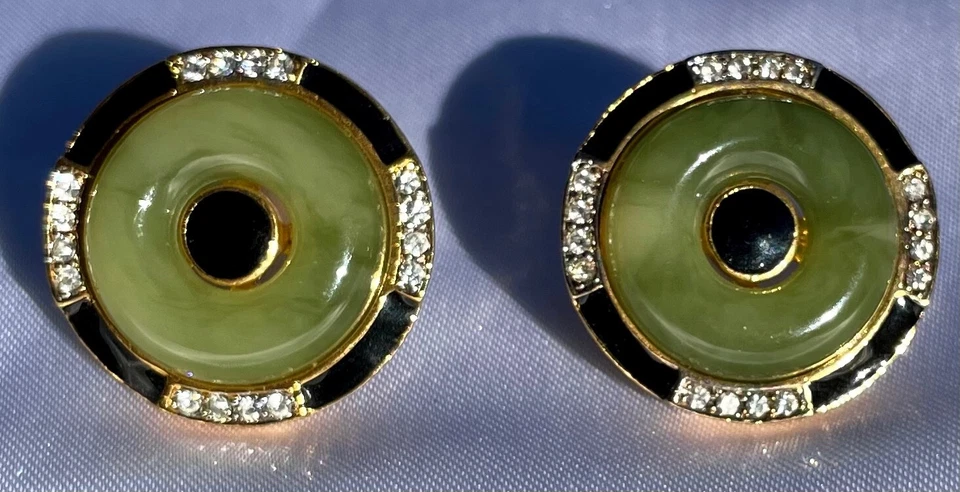 PENDIENTES CLIP CRISTAL ESMALTE NEGRO JADE IMITACIÓN VERDE ART DECO VINTAGE KENNETH LANE Foto 2 de 4