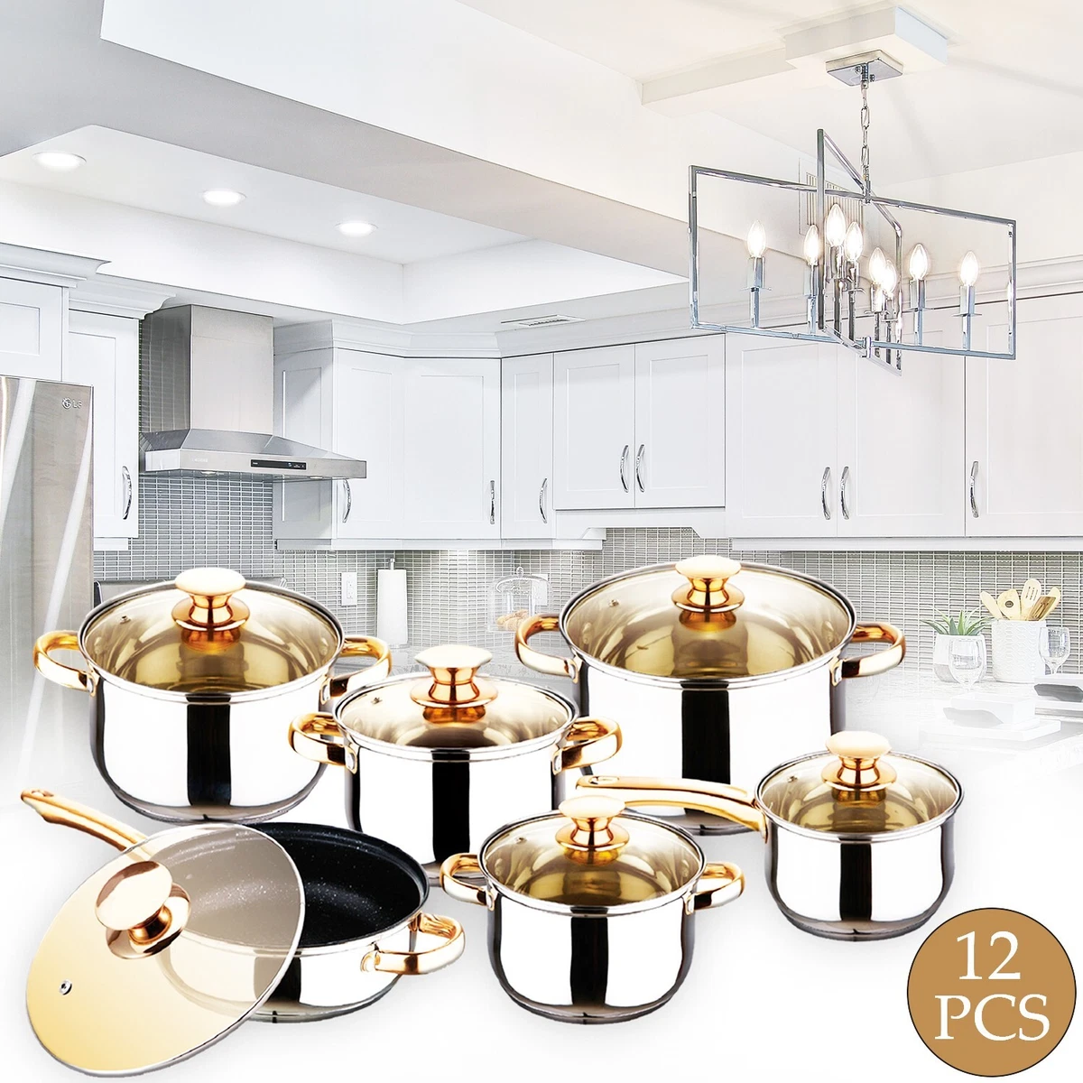 STAINLESS STEEL 12 Pcs INDUCTION HOB CASSEROLE POT COOKWARE SAUCEPAN DINING  SET