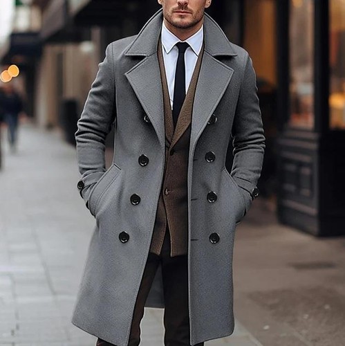 Cappotto Uomo Doppiopetto Lana - Giacca Lunga Elegante Autunno e Inverno - Foto 10 di 11
