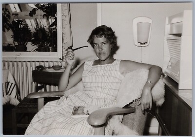 Young Woman Smoking a Pipe, Mid-Century Home Scene, Germany 1959 BW Photo
