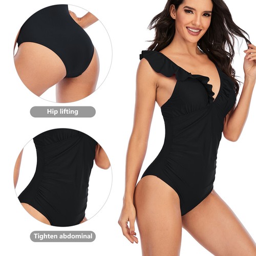 One Piece V-Ausschnitt Damen-Badeanzüge Bauchkontrolle Badeanzug Rüschen Bademode schmal - Bild 5 von 16