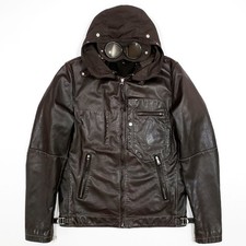 CP COMPANY 500 MIGLIA STONEY Giacca di Pelle Flight Biker Aviatore Occhiali Cappuccio M-L