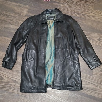Vintage Adler Black Leather Womens Coat Size PM Belted Collar Full Zip Mobwife