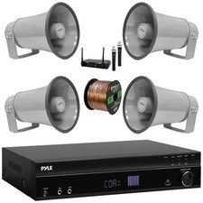 Pyle MP3 USB-A FM Audio Receiver, 4x 8.1'' Indoor/Outdoor PA Horn Speakers Mic