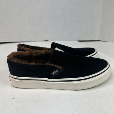 Vans Classic Black Sherpa Slip On Men's 5.5 Womens 7 Suede Faux Brown Fur Shoes