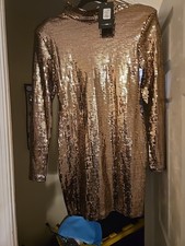 Fashion Nova Gold Sequin Shift Dress Long Sleeve Cotton L
