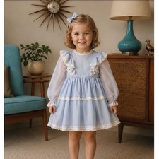 Vintage 60's Blue Chiffon Lace Tiered Party Dress sz 4 Long Sleeve Flower Girl