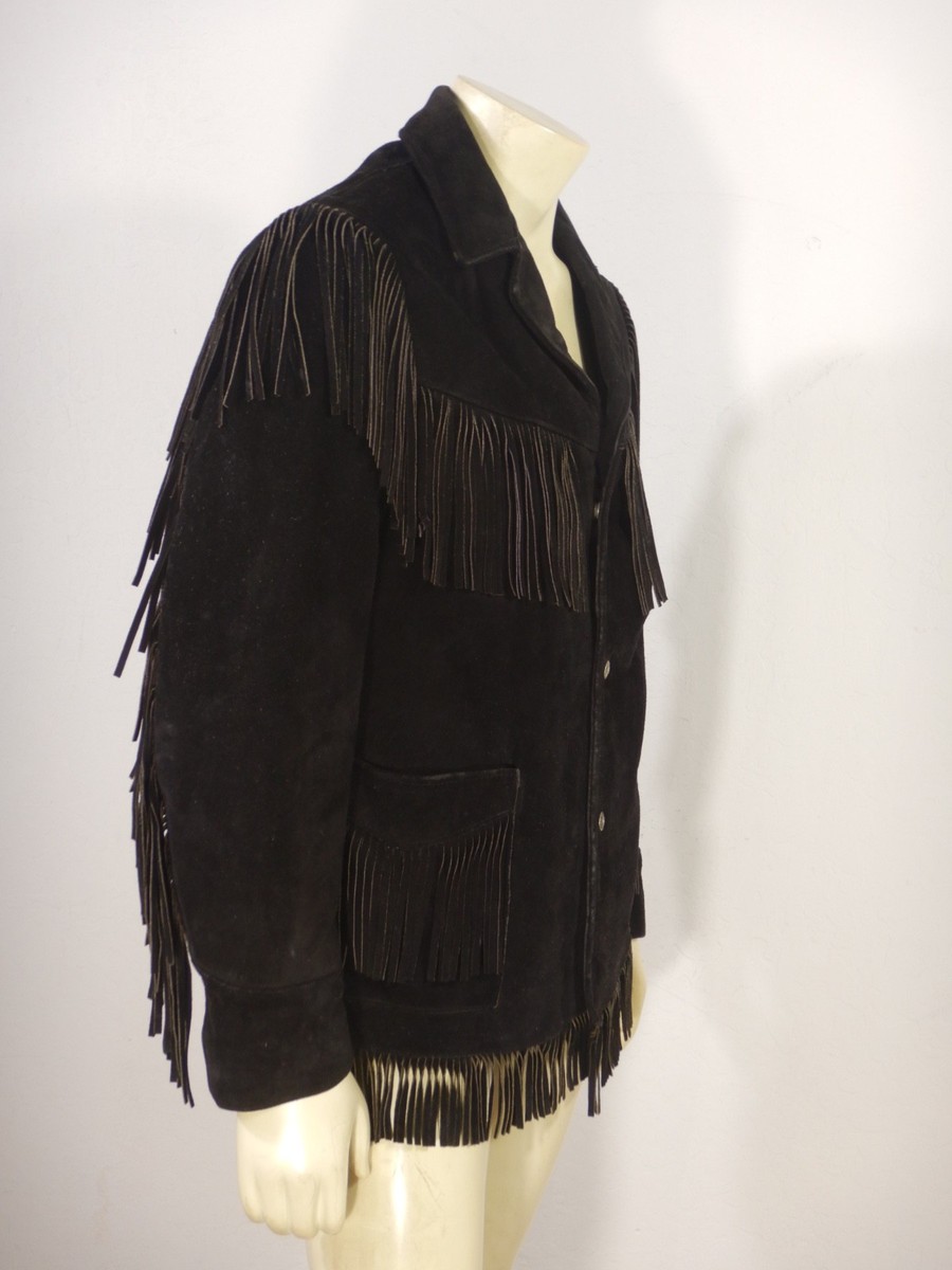 Vintage SCHOTT Black Suede FRINGE Western Mountain Man Jacket Made