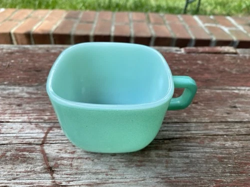 Vintage MCM Glasbake J-2265 Mug Cup Square Milk Glass Green Turquoise Aqua