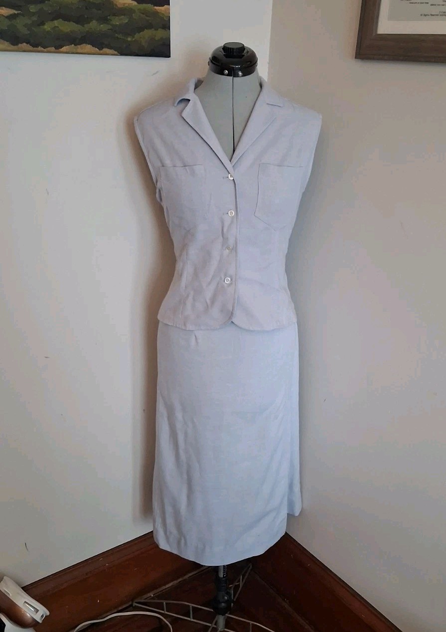 Vintage 70s The Villager Shirt And Skirt Set Sz 10/12 Retro Blue