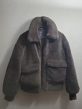 Gap Womens Small Petite Brown Full Zip Sherpa Moto Jacket Long Sleeve 