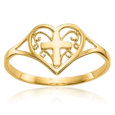 10K Solid Yellow Gold Heart Cross Ring