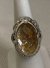 Designer Signed Sterling Silver Gold Drusy Faceted Quartz Doublet Ring Size 6