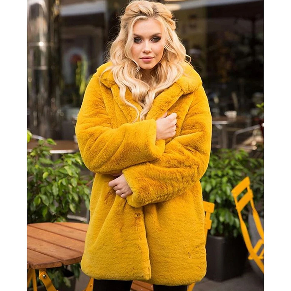 Womens Rex Rabbit Fur Coat Ladies Stand-up Collar Winter Fur Coat Mid-long Parka - Image 3 of 4