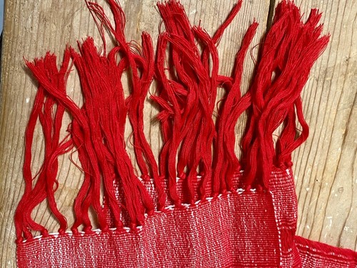 RED STRIPED SILK SCARF w/ Fringe Hand Woven Wrap Artisan Made Vietnam - Picture 3 of 6