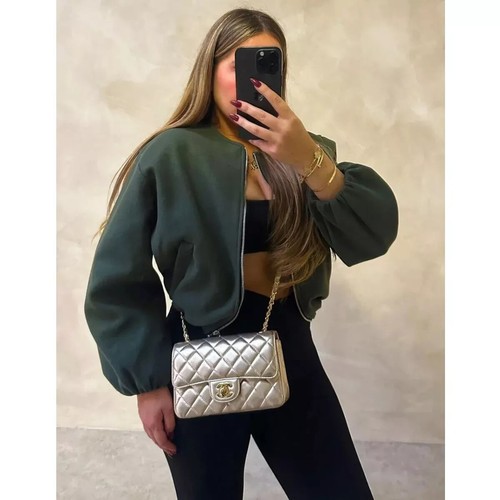 Giacca bomber donna zip lunga palloncino manica a sbuffo maglione zip crop top - Foto 5 di 9